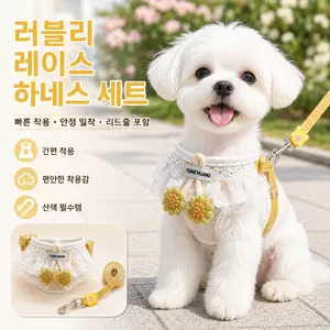 TOP17 강아지 리드줄 추천 추천 모델 강아지 하네스 리드줄 세트 소형견 귀여운 레이스 가슴줄 목줄 일체형 산책용 반려동물 외출용 리드, 1개, 노란색