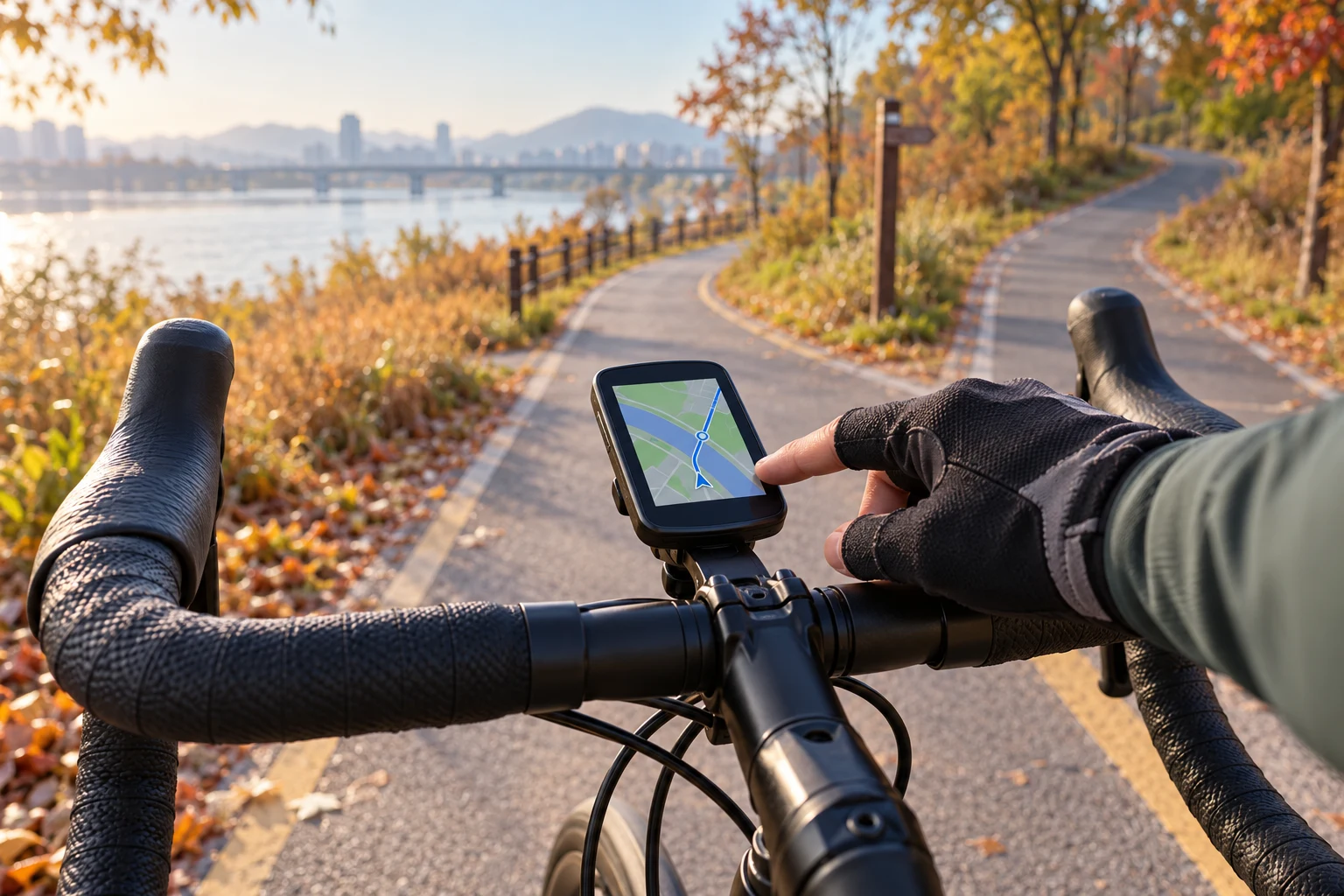 출발 전 자전거 GPS 속도계에서 경로를 확인하는 손
