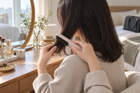 마른 머리 끝을 빗형 고데기로 정돈하는 생활 장면