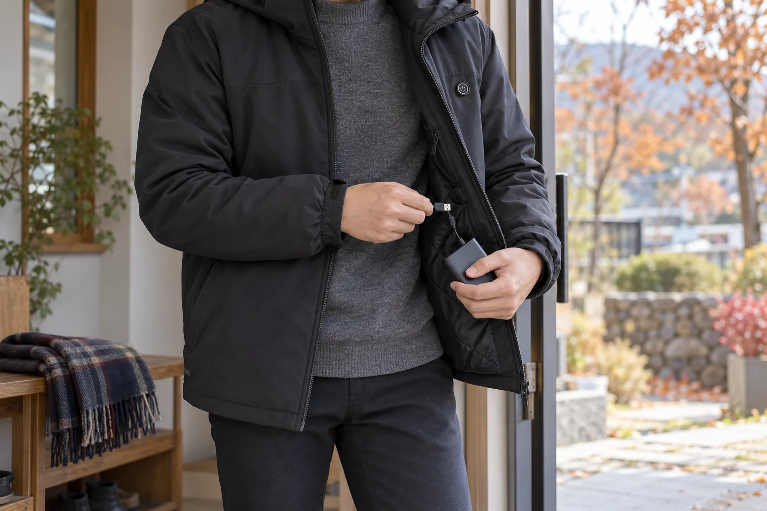 겨울 외출 전에 발열 재킷 배터리 케이블을 확인하는 장면
