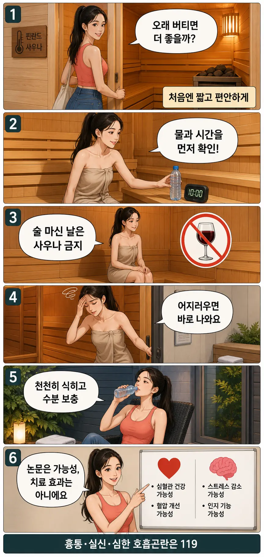 20대 한국 여성이 핀란드식 사우나에 들어가기 전 물과 시간을 확인하고 술을 피하며 어지러우면 즉시 나온 뒤 수분을 보충하는 안전 수칙 웹툰